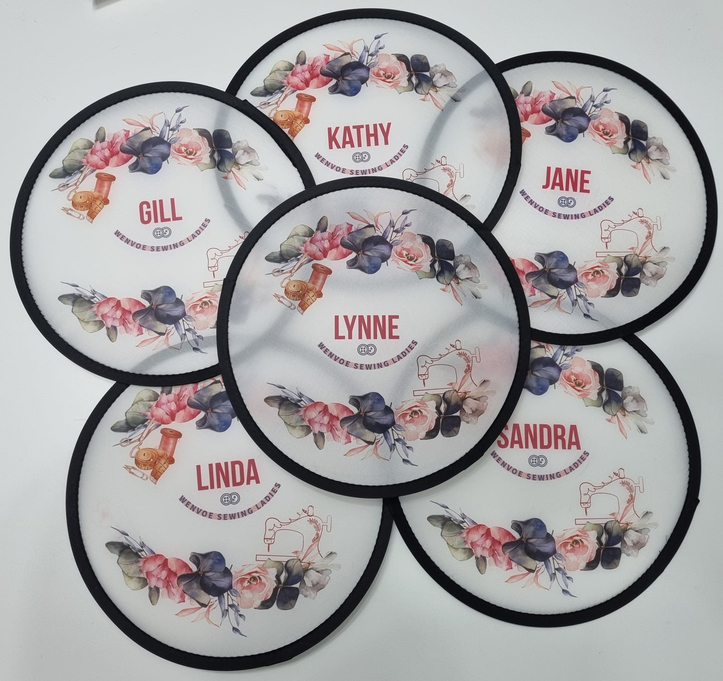 Flying disc foldaway fan with personal touch name and flowers